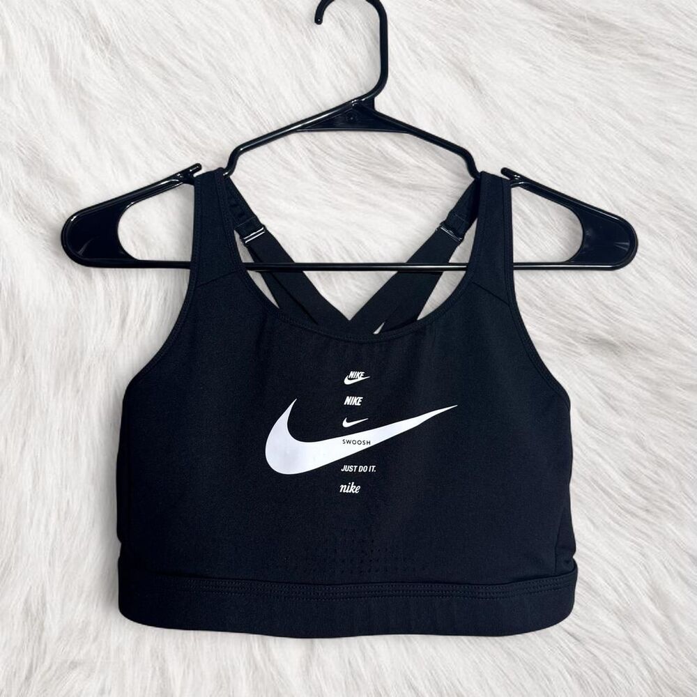 Nike NEW Large black sports bra with white swoosh logo lightly padded